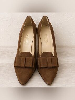 Gucci Suede Bow Pumps Women Size 34 Brown Good Vintage 14132 3044